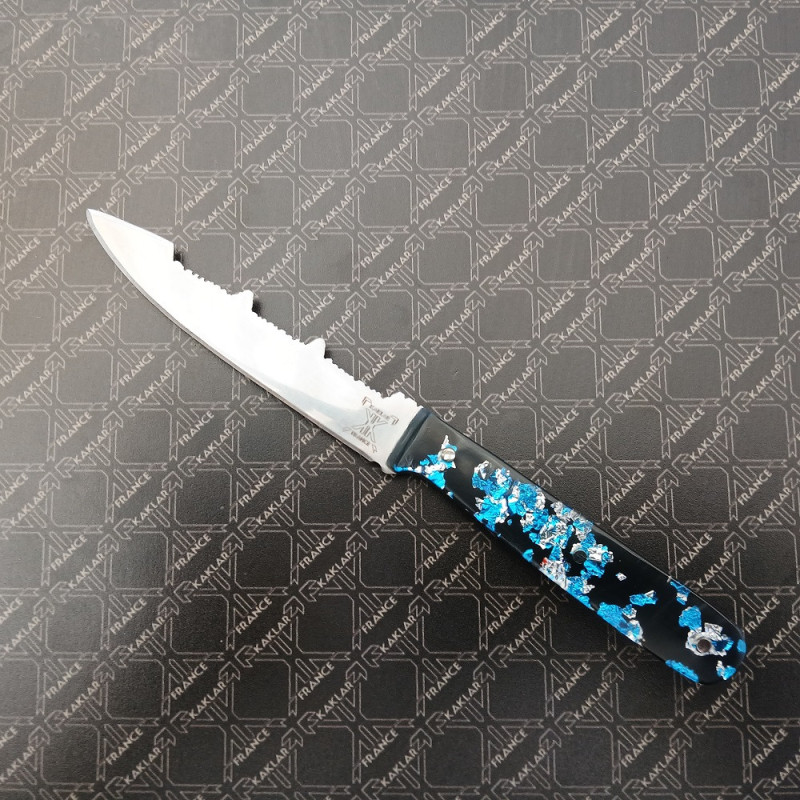 Manche feuilles d'argent bleues- Couteau Prestige lisse KAKLAR