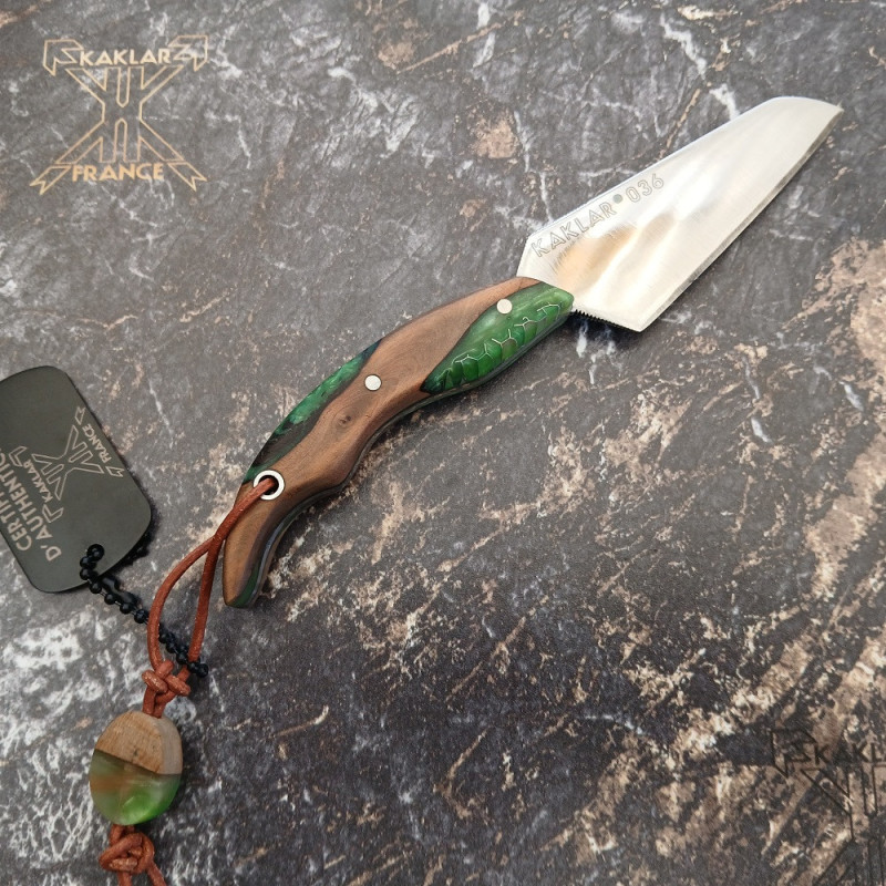 Manche en loupe de cade et nid d'abeille vert-036- Couteau fer de lance KAKLAR -
