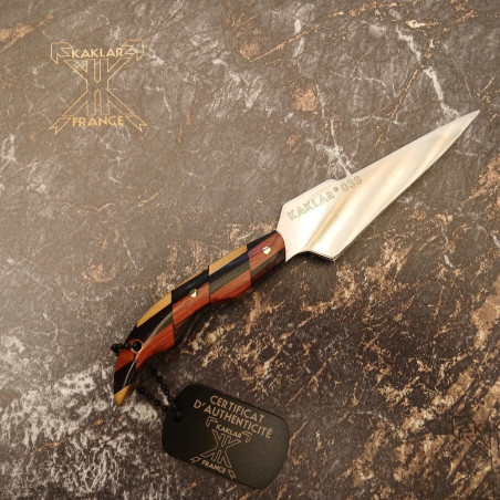 [vendu] Manche Arlequin en bois précieux -038- Couteau fer de lance KAKLAR